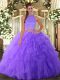 Charming Lavender Two Pieces Tulle Halter Top Sleeveless Beading and Ruffles Floor Length Backless Quince Ball Gowns