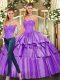 Shining Eggplant Purple Organza Lace Up 15th Birthday Dress Sleeveless Floor Length Beading and Ruffled Layers