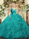 V-neck Sleeveless Quinceanera Dress Floor Length Beading and Ruching Turquoise Fabric With Rolling Flowers
