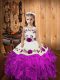 Perfect Sleeveless Organza Floor Length Lace Up Girls Pageant Dresses in Fuchsia with Embroidery and Ruffles and Hand Made Flower