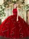 Beauteous Wine Red Ball Gowns Organza Scoop Sleeveless Ruffles Floor Length Clasp Handle Quinceanera Dresses