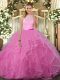 Ruffles Quinceanera Gown Rose Pink Backless Sleeveless Floor Length
