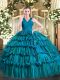 Teal Ball Gowns V-neck Sleeveless Organza Floor Length Zipper Ruffled Layers Quinceanera Dress
