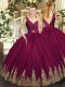 Glamorous Ball Gowns Quinceanera Dresses Burgundy V-neck Tulle Sleeveless Floor Length Backless