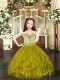 Superior Olive Green Ball Gowns Tulle Spaghetti Straps Sleeveless Beading and Ruffles Floor Length Lace Up Pageant Dress