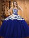 Custom Made Sleeveless Satin and Tulle Floor Length Lace Up Quinceanera Gown in Blue with Embroidery