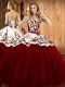 Hot Selling Sleeveless Satin and Tulle Floor Length Lace Up Sweet 16 Dress in Wine Red with Embroidery