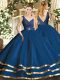 Navy Blue Ball Gowns V-neck Sleeveless Tulle Floor Length Backless Beading and Ruffled Layers Sweet 16 Quinceanera Dress