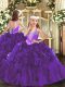 Enchanting Purple Organza Lace Up Little Girls Pageant Dress Sleeveless Floor Length Beading and Ruffles