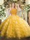 On Sale Gold Ball Gowns Organza Scoop Sleeveless Lace and Ruffled Layers Floor Length Zipper Quinceanera Gowns