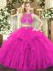 Luxurious Scoop Sleeveless Quinceanera Gown Floor Length Beading and Ruffles Fuchsia Tulle