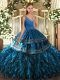 Top Selling Sleeveless Organza Floor Length Backless Quinceanera Gown in Blue with Beading and Appliques and Ruffles