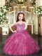 Spaghetti Straps Sleeveless Little Girls Pageant Gowns Floor Length Beading and Ruffles Hot Pink Tulle