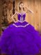 Sweetheart Sleeveless Satin and Organza Quinceanera Dress Embroidery and Ruffles Lace Up