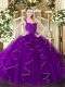 Decent Straps Sleeveless Sweet 16 Dresses Floor Length Ruffles Eggplant Purple Organza