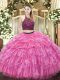 Custom Fit Floor Length Rose Pink Quinceanera Dresses Halter Top Sleeveless Zipper