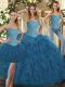 Extravagant Teal Ball Gowns Sweetheart Sleeveless Tulle Floor Length Lace Up Beading and Ruffles Quince Ball Gowns