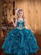 Sweet Floor Length Teal Pageant Gowns Organza Sleeveless Embroidery and Ruffles