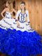 Fitting Blue And White Sleeveless Floor Length Embroidery and Ruffles Lace Up Quince Ball Gowns