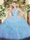 Custom Fit Aqua Blue Quinceanera Dresses Military Ball and Sweet 16 and Quinceanera with Lace and Ruffles Scoop Sleeveless Backless