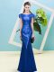 New Arrival Royal Blue Sequined Zipper Cap Sleeves Floor Length Sequins