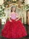 Coral Red Ball Gowns Straps Sleeveless Tulle Floor Length Lace Up Beading and Ruffles Pageant Dress for Womens