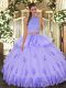Sophisticated Lavender Backless Halter Top Beading and Appliques and Ruffles Ball Gown Prom Dress Tulle Sleeveless