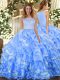 Light Blue Ball Gowns Organza Scoop Sleeveless Lace and Ruffled Layers Floor Length Clasp Handle Vestidos de Quinceanera