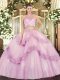 Artistic Lilac Two Pieces Beading and Appliques Quinceanera Gown Zipper Tulle Sleeveless Floor Length