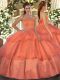 High Class Orange Red Ball Gowns Organza Sweetheart Sleeveless Beading and Ruffled Layers Floor Length Lace Up Quinceanera Gowns