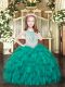 Latest Sleeveless Organza Floor Length Zipper Little Girl Pageant Dress in Turquoise with Beading and Ruffles