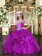Fuchsia Lace Up Pageant Dress Wholesale Beading and Ruffles Sleeveless Floor Length