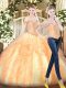 High Class Gold Ball Gowns Organza Off The Shoulder Sleeveless Beading and Ruffles Floor Length Lace Up Sweet 16 Dress