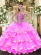 Floor Length Rose Pink Sweet 16 Dresses Organza Sleeveless Beading and Ruffled Layers
