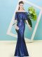Fitting Royal Blue Dress for Prom Prom and Party with Sequins Off The Shoulder Half Sleeves Zipper