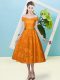 Fantastic Cap Sleeves Lace Tea Length Lace Up Dama Dress in Orange Red with Bowknot