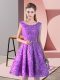 Popular Knee Length Lavender Evening Dress Lace Sleeveless Belt