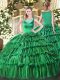 Clearance Scoop Sleeveless Quinceanera Gowns Floor Length Beading and Ruffled Layers Turquoise Organza