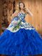 Luxurious Embroidery and Ruffles Quinceanera Gown Blue Lace Up Sleeveless Floor Length
