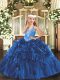 Blue Sleeveless Organza Lace Up Girls Pageant Dresses for Party and Quinceanera