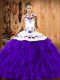 Edgy Purple Halter Top Lace Up Embroidery and Ruffles Vestidos de Quinceanera Sleeveless