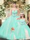 Sleeveless Lace Floor Length Lace Up Quinceanera Dresses in Aqua Blue with Beading