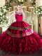 Low Price Sleeveless Organza Floor Length Zipper Ball Gown Prom Dress in Coral Red with Beading and Ruffles