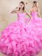 Rose Pink Ball Gowns Beading and Ruffles 15 Quinceanera Dress Lace Up Organza Sleeveless Floor Length