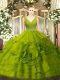 Inexpensive Olive Green Sleeveless Fabric With Rolling Flowers Zipper Quinceanera Dress for Military Ball and Sweet 16 and Quinceanera