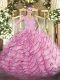 Sweet Rose Pink Quince Ball Gowns Organza Brush Train Sleeveless Ruffled Layers