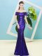 Floor Length Mermaid Short Sleeves Purple Prom Dress Zipper