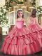 Coral Red Sleeveless Floor Length Appliques and Ruffled Layers Lace Up Pageant Dress