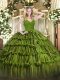 Shining Olive Green Ball Gowns Beading and Lace and Ruffled Layers Sweet 16 Dresses Backless Organza Sleeveless Floor Length