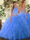 Baby Blue Backless Halter Top Beading and Ruffles Quinceanera Gowns Tulle Sleeveless